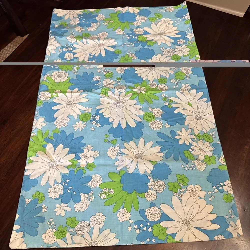 Vintage 60s Pillowcase Flower Power Blue White Green Cannon Mod Funky